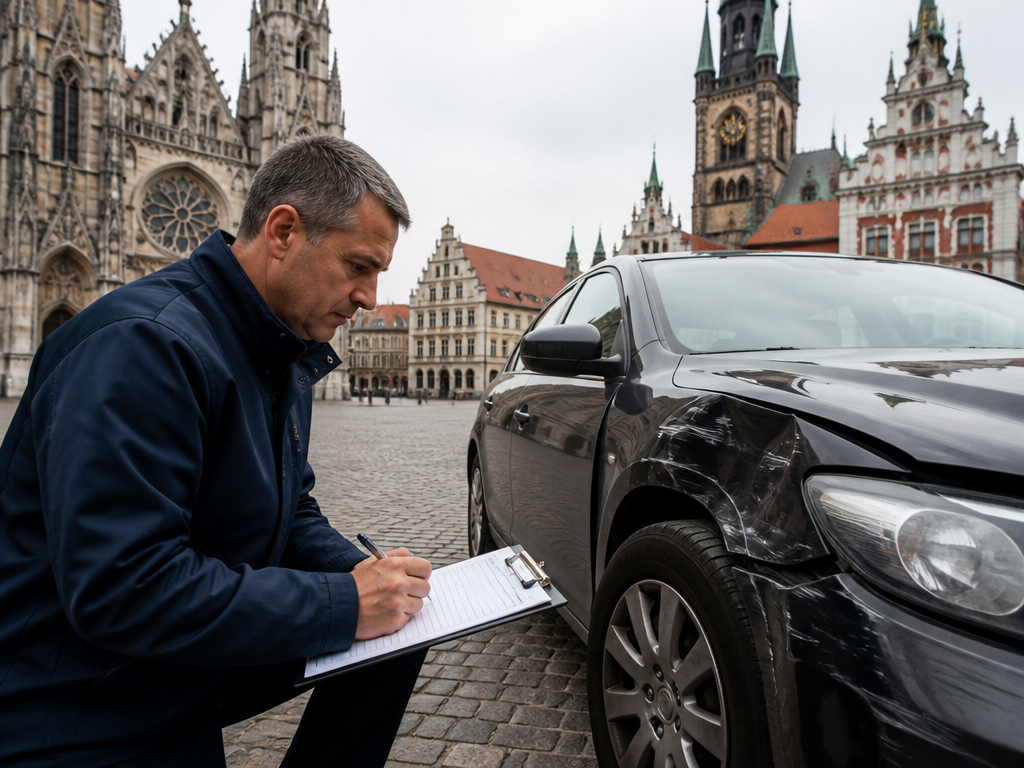KFZ Gutachter Bremen Mitte bei der Begutachtung eines Unfallschadens in der Innenstadt